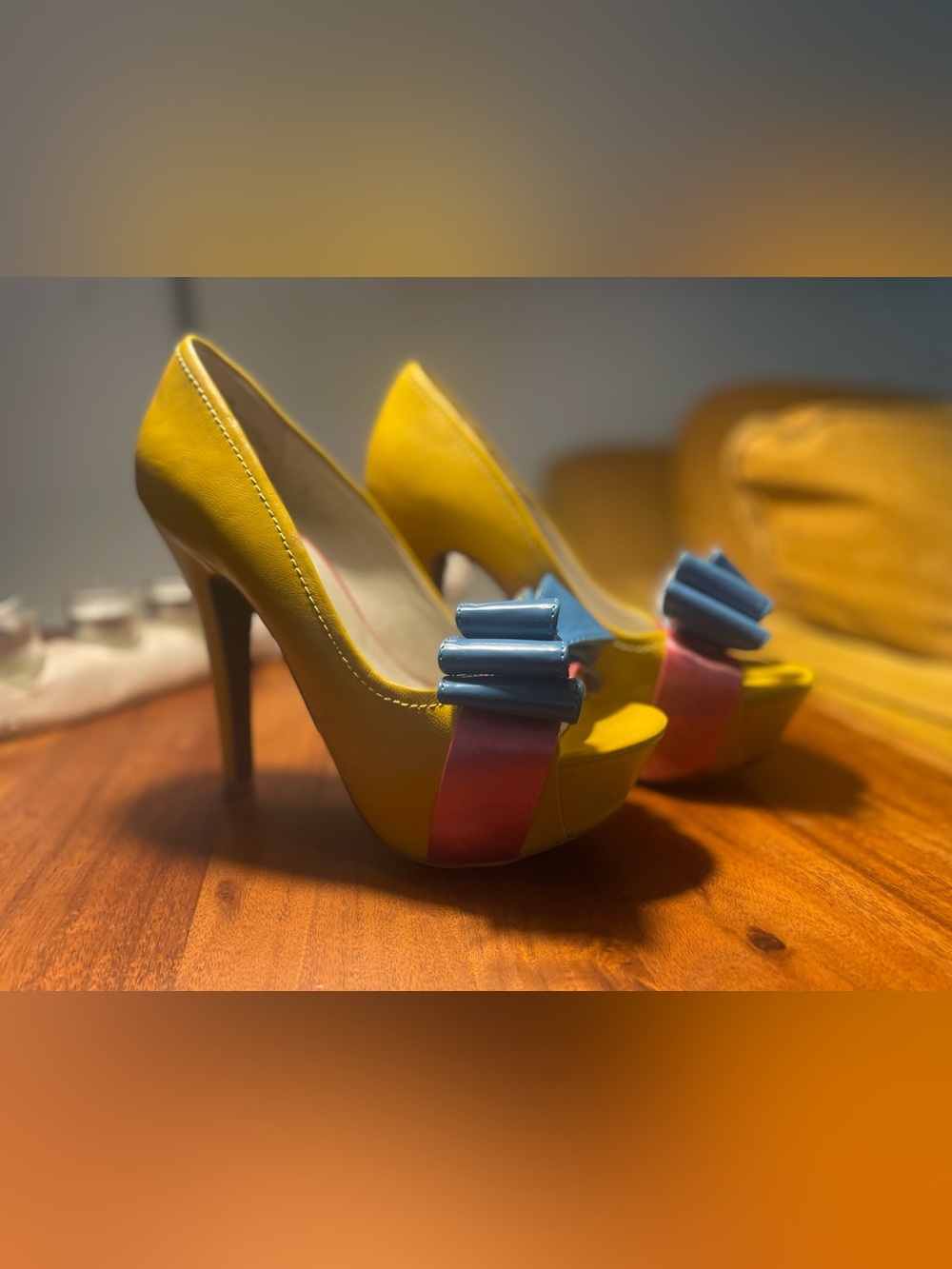 Mojo Moxy Yellow Platform Heels with Blue Bow and Pink Accent